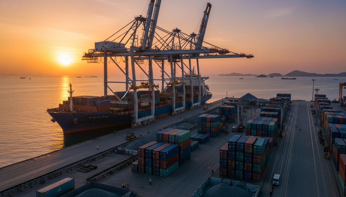 Port international avec cargo au coucher du soleil